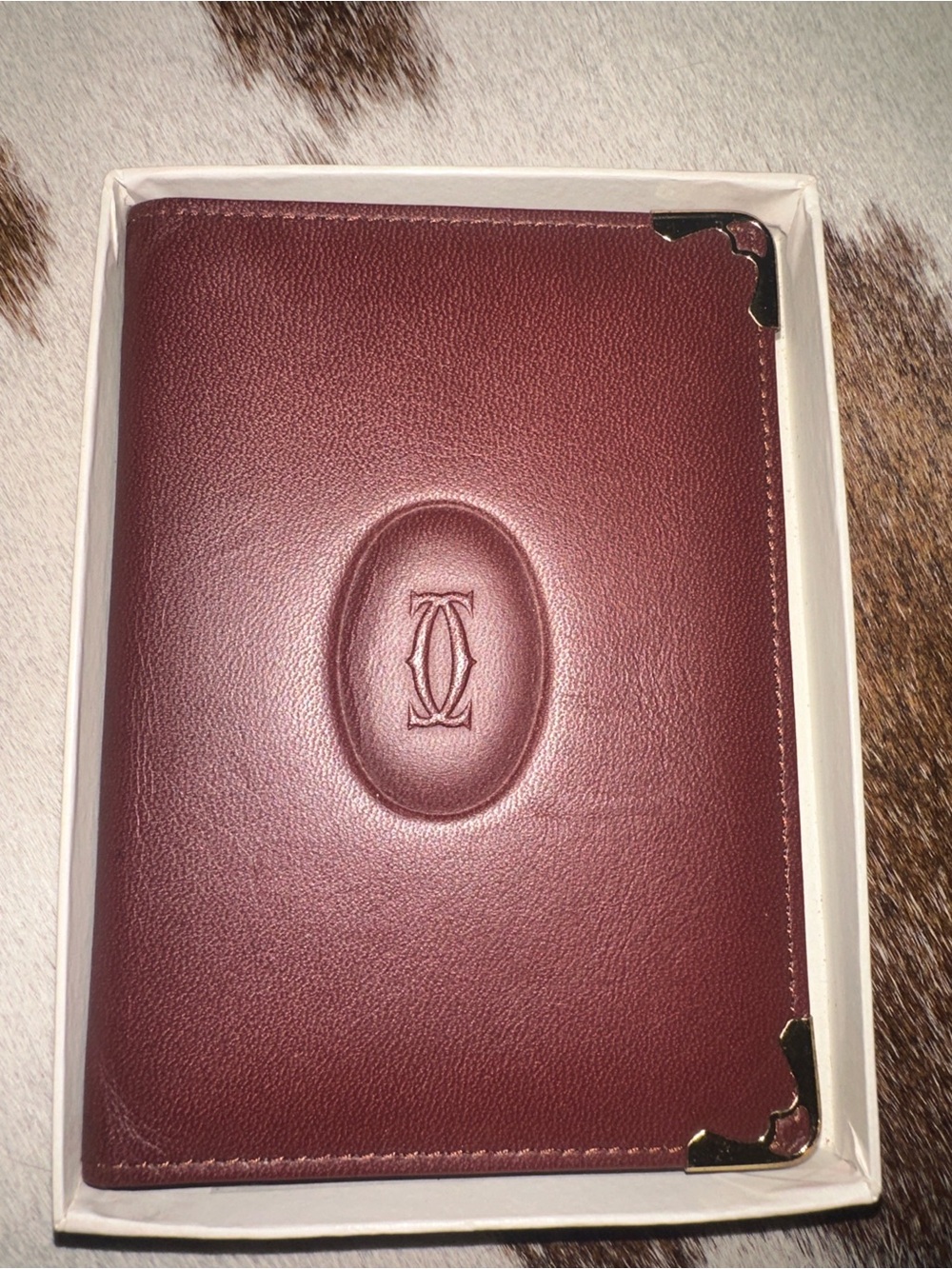 Cartier Vintage Burgundy Leather Card  Holder with Gold Corner Accents